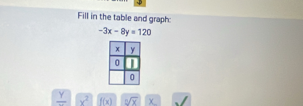 Fill in the table and graph:
-3x-8y=120
frac Y x^2f(x) sqrt[n](X) X_n