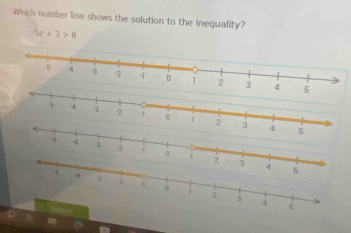 Which number line shows the solution to the inequality?
-5z+3>8
4 3 -2. 1 0 T 2
34