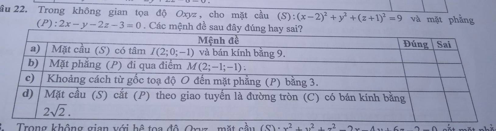 ầu  22. Trong không gian tọa độ Oxyz , cho mặt cầu (S): (x-2)^2+y^2+(z+1)^2=9 và mặt phẳng
(P): 2x-y-2z-3=0. Các mệnh đề sau đây đúng hay sai?
3  Trong không gian với hệ toa đô Oryz , mặt cầu (8)· x^2+y^2+z^22x