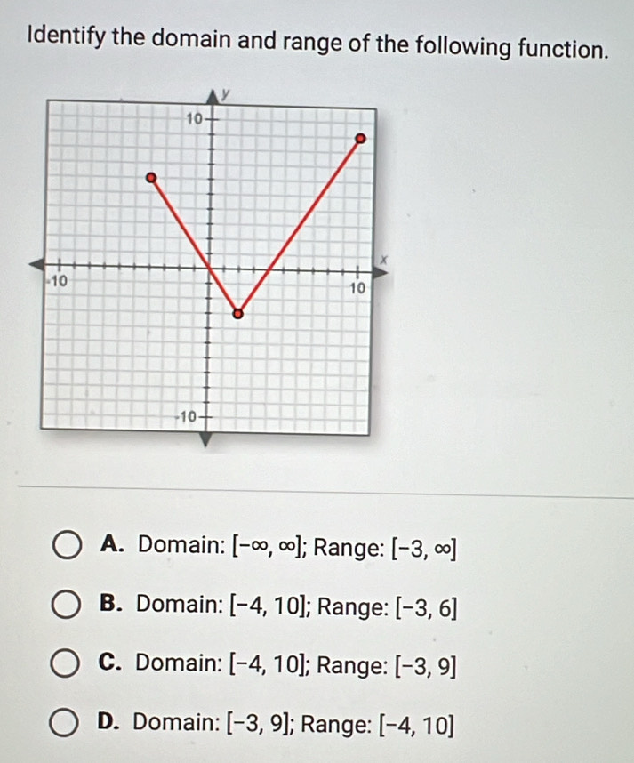 Identify the domain and range of the following function.
A. Domain: [-∈fty ,∈fty ]; Range: [-3,∈fty ]
B. Domain: [-4,10]; Range: [-3,6]
C. Domain: [-4,10]; Range: [-3,9]
D. Domain: [-3,9]; Range: [-4,10]