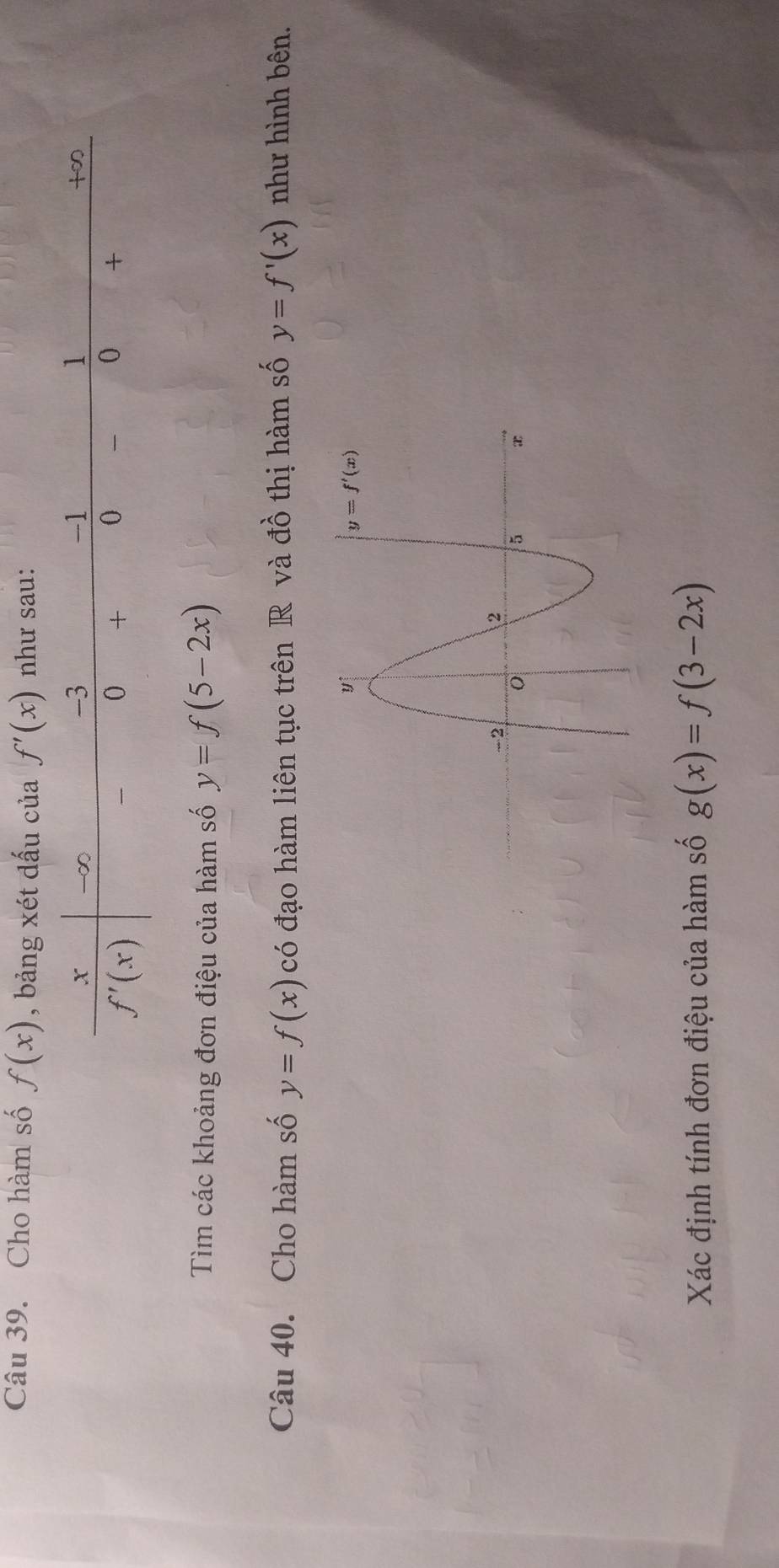 Cho hàm số f(x) , bảng xét dấu của f'(x) như sau:
Tìm các khoảng đơn điệu của hàm số y=f(5-2x)
Câu 40. Cho hàm số y=f(x) có đạo hàm liên tục trên R và đồ thị hàm số y=f'(x) như hình bên.
Xác định tính đơn điệu của hàm số g(x)=f(3-2x)