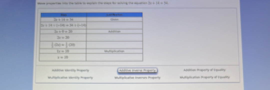 Wave pagerdes ns tie sable to explain the shegs (ar sahing the equation 2x+14=3x
Additive Bestity Property dditive Inverse Property Addition Property of Equality
Mutipliate Bertity Propery auitiplicative lnverses Property Multiplication Property of Equality