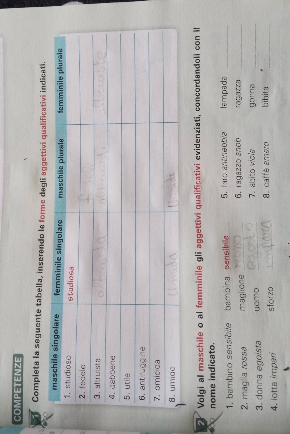 COMPETENZE 
Completa la seguente tabella, inserendo le forme deglvi indicati. 
2 Volgi al maschile o al femminile gli aggettivi qualificativi evidenziati, concordandoli con il 
nome indicato. 
1. bambino sensibile bambina sensibile 5. faro antinebbia lampada_ 
2. maglia rossa maglione_ 
6. ragazzo snob ragazza_ 
7. abito viola gonna_ 
3. donna egoista uomo_ 
8. caffè amaro bibita_ 
4. lotta impari 
sforzo_