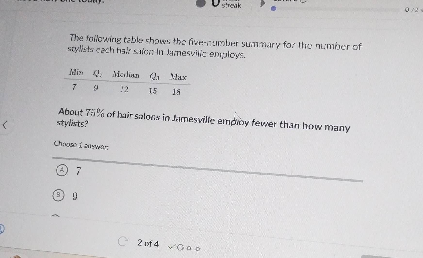 streak
0 /2 s
The following table shows the five-number summary for the number of
stylists each hair salon in Jamesville employs.
About 75% of hair salons in Jamesville employ fewer than how many
stylists?
Choose 1 answer:
A 7
B9
2 of 4