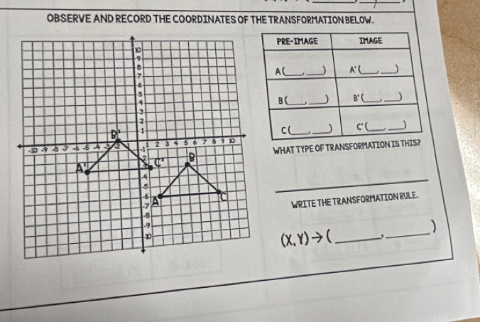 OBSERVE AND RECORD THE COORDINATES OF THE TRANSFORMATION BELOW.
WHAT TYPE OF TRANSFORMATION IS THIS?
_
WRITE THE TRANSFORMATION RULE.
_
)
(X,Y)to _