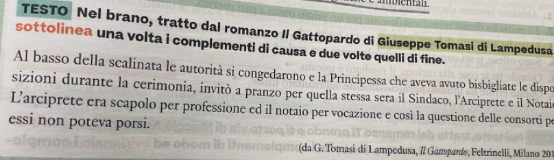 mbiental. 
TESTO Nel brano, tratto dal romanzo II Gattopardo di Giuseppe Tomasi di Lampedusa 
sottolinea una volta i complementi di causa e due volte quelli di fine. 
Al basso della scalinata le autorità si congedarono e la Principessa che aveva avuto bisbigliate le dispo 
sizioni durante la cerimonia, invitò a pranzo per quella stessa sera il Sindaco, l’Arciprete e il Notai 
L'arciprete era scapolo per professione ed il notaio per vocazione e così la questione delle consorti pe 
essi non poteva porsi. 
(da G. Tomasi di Lampedusa, Il Gattopærdø, Feltrinelli, Milano 201