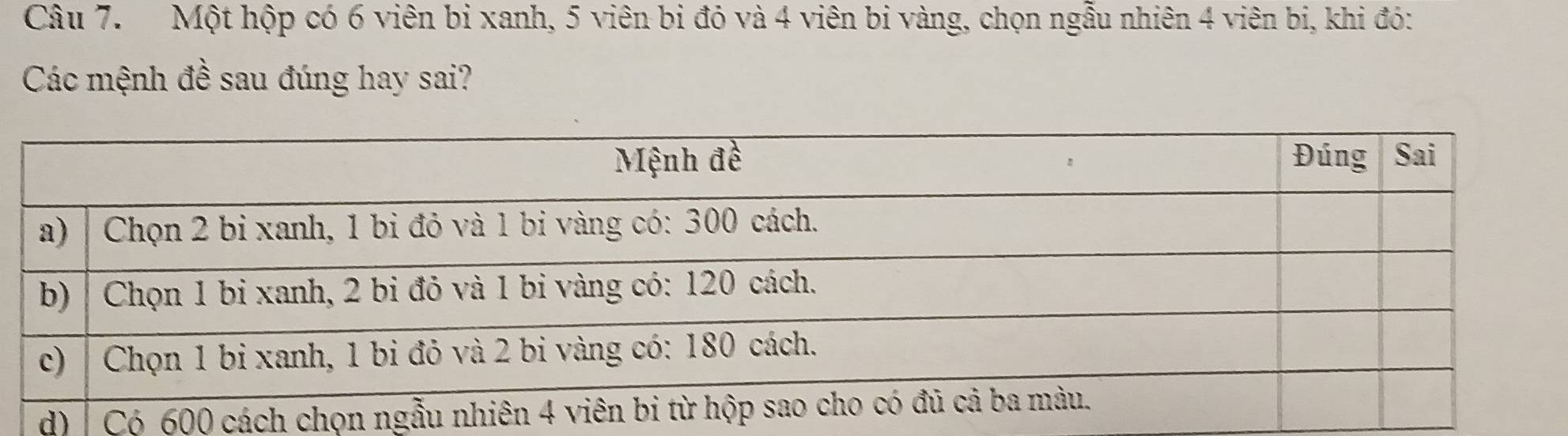 Một hộp có 6 viên bi xanh, 5 viên bi đó và 4 viên bi vàng, chọn ngẫu nhiên 4 viên bi, khi đó:
Các mệnh đề sau đúng hay sai?
d) Có