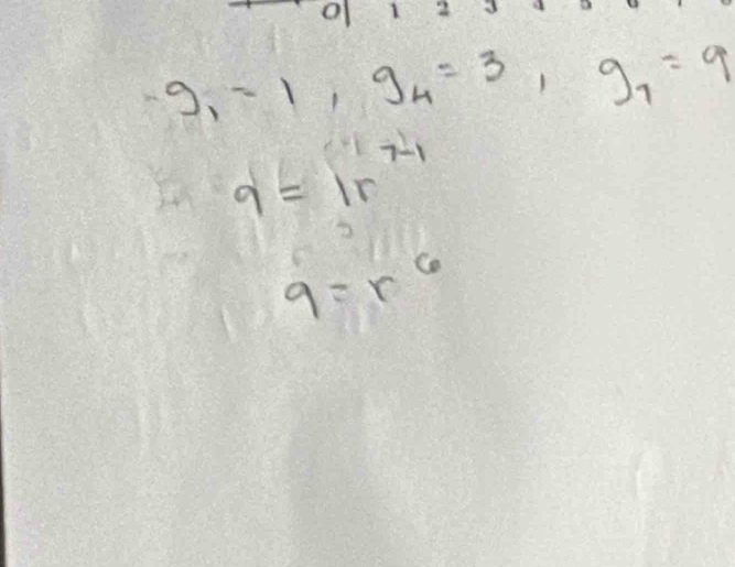 g_1=1, g_4=3, g_7=9
q=1r^(x_1)
9=r^6