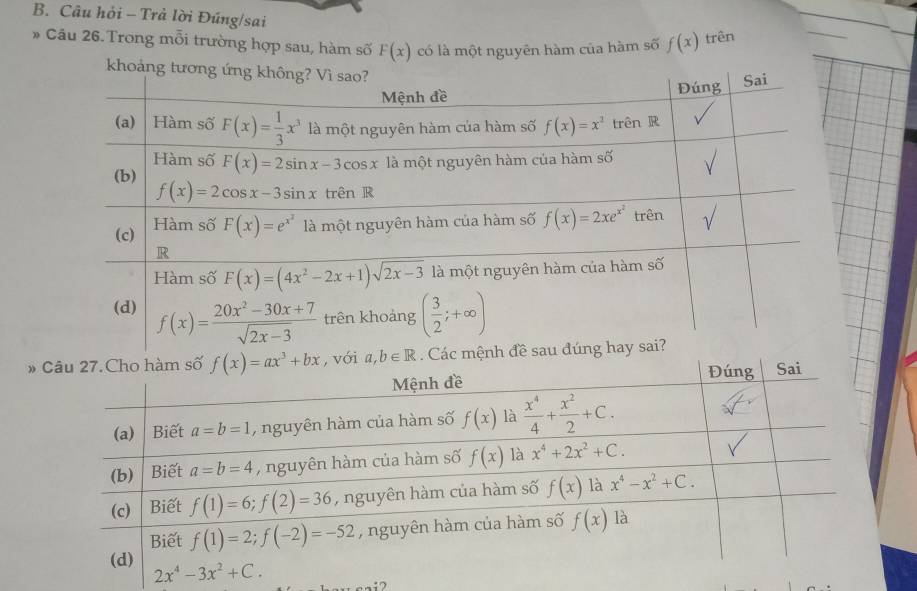 Câu hỏi - Trả lời Đúng/sai
» Câu 26.Trong mỗi trường hợp sau, hàm số F(x) có là một nguyên hàm của hàm số f(x) trên
» b∈ R Các