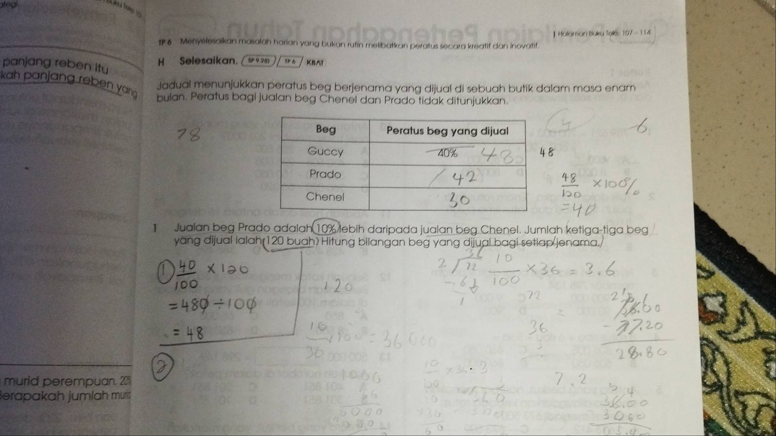 Halaman Buku Te: 197 - 114 
T6 Menyelesaikan masalah harian yang bukan rutin melibatkan peratus secara kreatif dan inovatif. 
panjang reben itu 
H Selesaikan.( SP 9 20) TP 6 KBAT 
Jadual menunjukkan peratus beg berjenama yang dijual di sebuah butik dalam masa enam 
kah panjang reben yan bulan. Peratus bagi jualan beg Chenel dan Prado tidak ditunjukkan. 
1 Jualan beg Prado adalah 10% lebih daripada jualan beg Chenel. Jumlah ketiga-tiga beg 
yang dijual ialah 120 buah. Hitung bilangan beg yang dijual bagi setiap jenama, 
murid perempuan. 20%
Berapakah jumlah murć