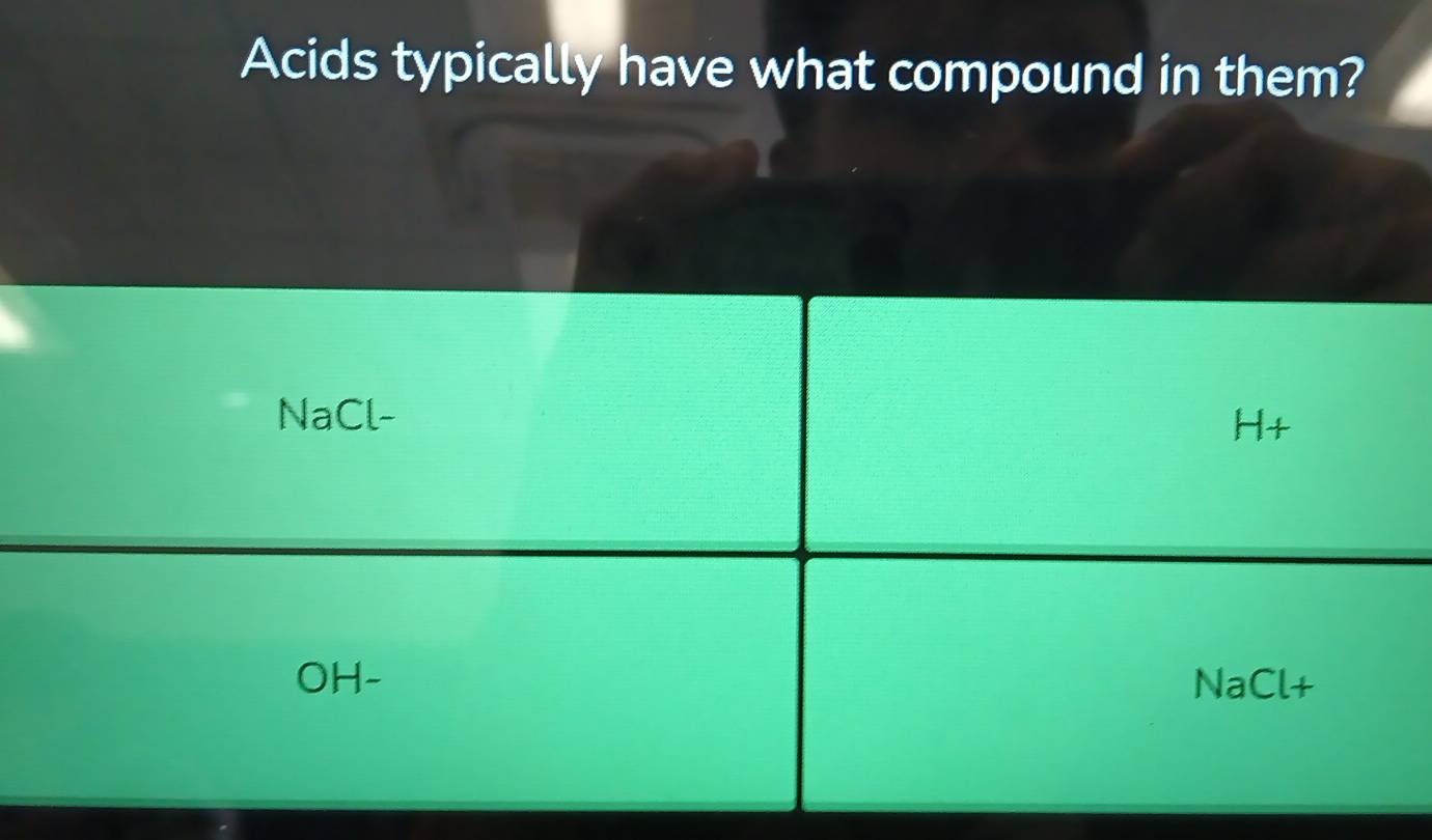 Acids typically have what compound in them?
NaCl-
H+
OH- NaCl+