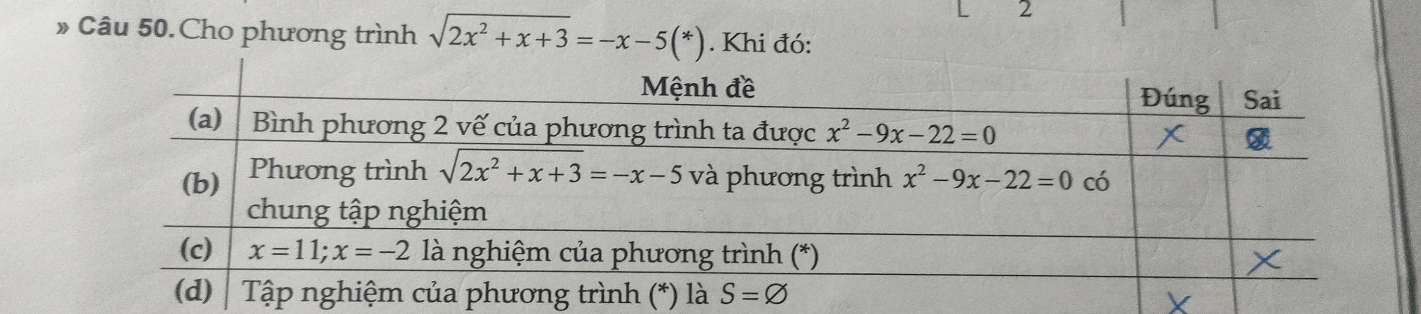 2
» Câu 50.Cho phương trình sqrt(2x^2+x+3)=-x-5(*). Khi đó: