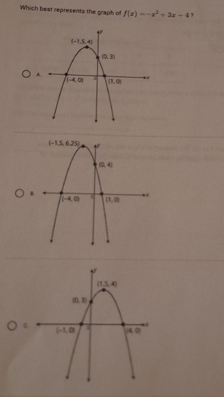 Which best represents the graph of f(x)=-x^2+3x+4 ?
A
B.
c