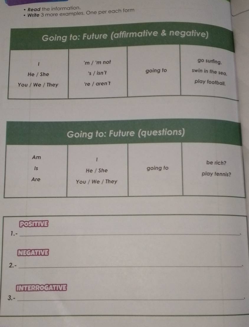 Read the information. 
Write 3 more examples. One per each form 
Positive 
1.-_ 
negative 
2.-_ 
INTERROGATIVE 
3.-_ .