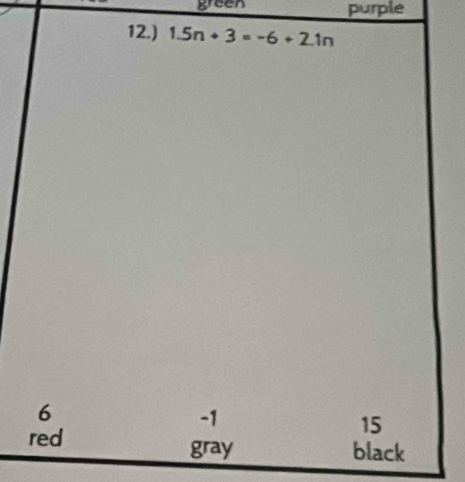 green purple 
12.) 1.5n+3=-6+2.1n