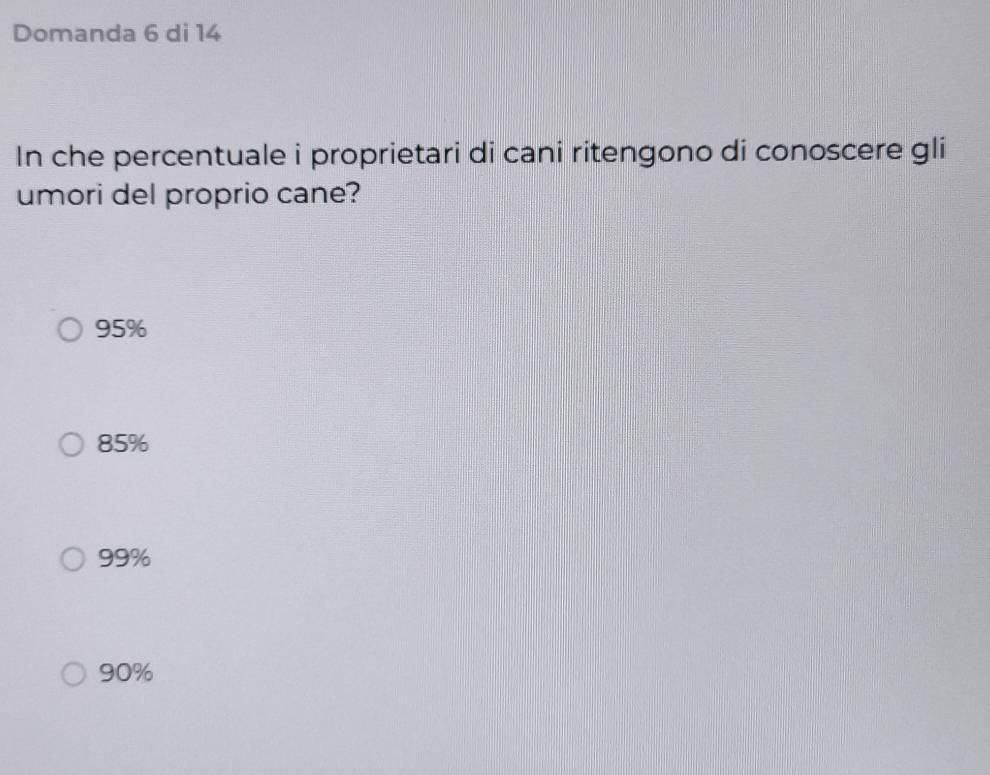 Domanda 6 di 14
In che percentuale i proprietari di cani ritengono di conoscere gli
umori del proprio cane?
95%
85%
99%
90%