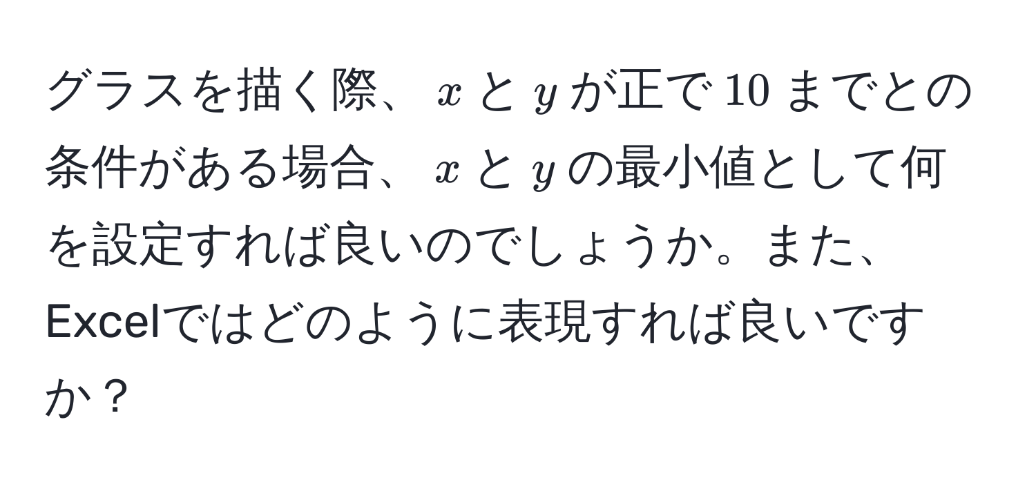 グラスを描く際、$x$と$y$が正で$10$までとの条件がある場合、$x$と$y$の最小値として何を設定すれば良いのでしょうか。また、Excelではどのように表現すれば良いですか？