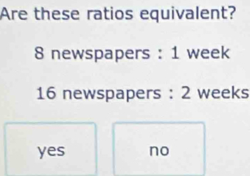 Are these ratios equivalent?
8 newspapers : 1 week
16 newspapers : 2 weeks
yes no