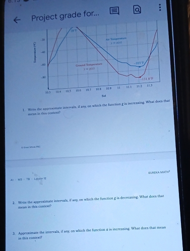 Project grade for... a
1. Write the approximate intervals, if any, on which the function g is increasing. What does that
mean is this context?
#  Crsan Mnd Re
EUREK
AI=MI=TB = Lesson 12 waTH^2
2. Write the appensimate intervals, if any, on which the function g is decreasing. What does that
mean in this coniest?
3. Approximate the intervals, if any on which the function θ is increasing. What does that mean
in this consext?