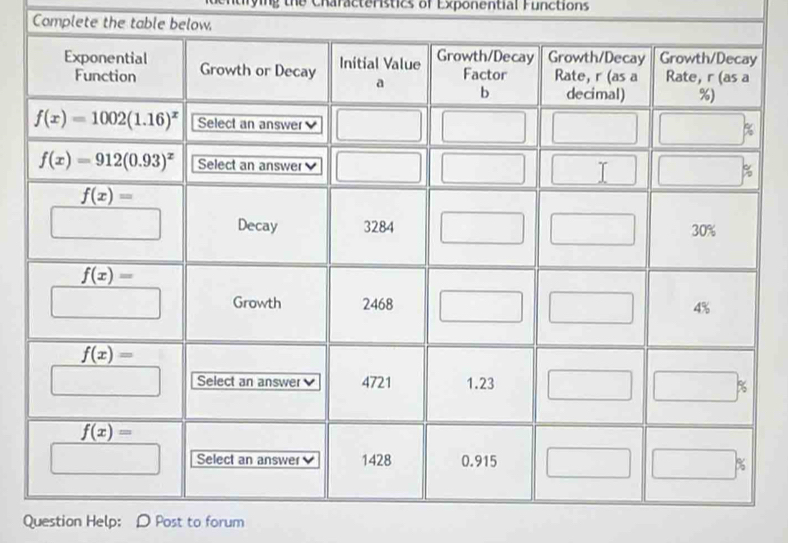 the Characteristics of Exponential Functions
Complete the table below,
Question Help: D Post to forum