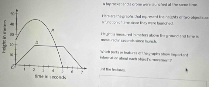 A toy rocket and a drone were launched at the same time. 
Here are the graphs that represent the heights of two objects as 
a function of time since they were launched. 
Height is measured in meters above the ground and time is 

measured in seconds since launch. 
Which parts or features of the graphs show important 
information about each object's movement? 
List the features.