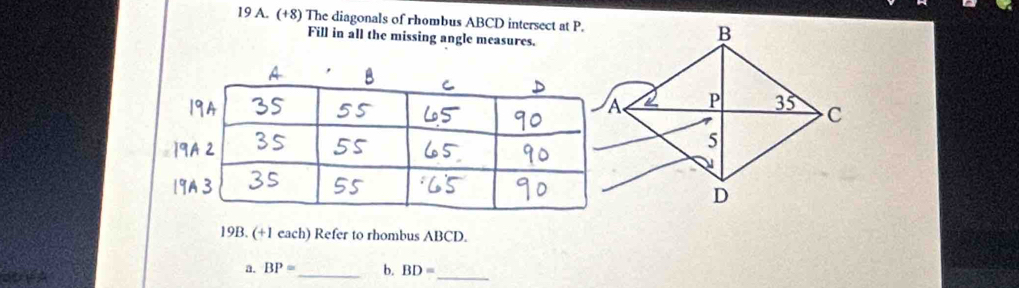 (+8) The diagonals of rhombus ABCD intersect at P. 
Fill in all the missing angle measures. 
19B. (+1 each) Refer to rhombus ABCD. 
a. BP= _ b. BD=
_