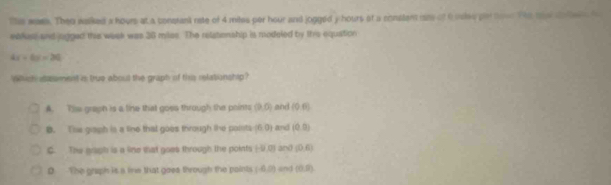 The waee. Then sasked a hours at a constant rete of 4 mites per hour and jogged y hours of a constem iare of 6 sales pe tove te the do le h
eahes and jugged the week was 30 milas. The relatenship is modeled by this equation
4x+6y=20
Which sasment is true about the graph of this relationship?
A. This graph is a tine that goss through the points (9,0) and (0,6)
B. The graph is a tine that goes through the points (0,0) and (0,0)
C. The gaph is a line what goes through the points (-0,0) and (0,6)
0 The graph is a te that goes through the paints (-6,0) and (0.9)