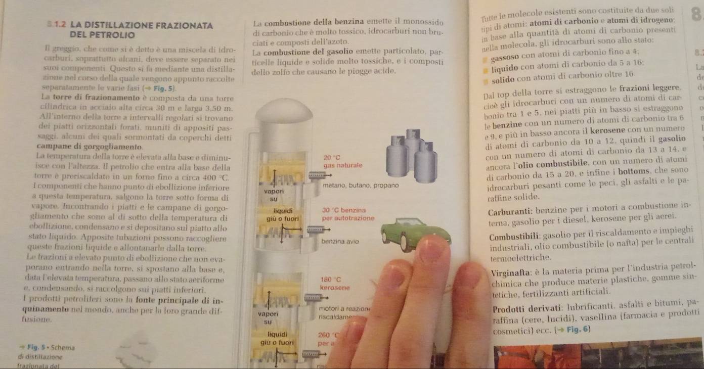 8 1.2 LA DISTILLAZIONE FRAZIONATA La combustione della benzina emette il monossido Tutte le molecole esistenti sono costituite da due soli 8
DEL PETROLIO di carbonio che è molto tossico, idrocarburi non bru- tpi di atomi: atomi di carbonio e atomi di idrogeno:
ciati e composti dell’azoto. in base alla quantità di atomi di carbonio presenti
Il greggio, che come si è detto è una miscela di idro- La combustione del gasolio emette particolato, par-
nella molecola, gli idrocarburi sono allo stato:
carburi, soprattutto alcani, deve essere separato nei ticelle liquide e solide molto tossiche, e i composti gassoso con atomi di carbonio fino a 4;
8.
suoi componenti Questo si fa mediante una distilla-
liquido con atomí di carbonio da 5 a 16: La
zione nel corso della quale vengono appunto raccolte dello zolfo che causano le piogge acide.
sølido con atomi di carbonio oltre 16.
d
separatamente le varie fasi (- Fig, 5)
La torre di frazionamento è composta da una torre
Dal top della torre si estraggono le frazioni leggere. d
cilindrica in acciaio alta circa 30 m e larga 3,50 m.
cioè gIi idrocarburi con un numero di atomi di car C
All'interno della torre a intervalli regolari si trovano
bonio tra 1 e 5. nei piatti più in basso si estraggono
dei piatti orizzontali forati. muniti di appositi pas-
le benzine con un numero di atomi di carbonio tra 6
saggi. alcuni dei quali sormontati da coperchi detti
e 9, e più in basso ancora il kerosene con un numero
campane di gorgogliamento
di atomí di carbonio da 10 a 12. quindí il gasolio
La temperatura della torre è elevata alla base e diminu-
con un numero di atomi di carbonio da 13 a 14. e
isce con l'altezza. Il petrolio che entra alla base della
ancora l’olio combustibile, con un numero di atomi
torre è preriscaldato in un forno fino a circa 400°C
di carbonio da 15 a 20, e infine i bottoms, che sono
I componenti che hanno punto di ebollizione inferiore
idrocarburi pesanti come le peci, gli asfalti e le pa-
a questa temperatura, salgono la torre sotto forma di
raffine solide.
vapore. Incontrando i piatti e le campane di gorgo-
Carburanti: benzine per i motori a combustione in-
gliamento che sono al di sotto della temperatura di
eboflizione, condensano e si depositano sul piatto allo
terna, gasolio per i diesel, kerosene per gli aerei.
stato liquido. Apposite tubazioni possono raccogliere 
Combustibili: gasolio per il riscaldamento e impieghi
queste frazioni liquide e allontanarle dalla torre.
industriali, olio combustibile (o nafta) per le centrali
Le frazioni a elevato punto di ebollizione che non eva- termoelettriche.
porano entrando nella torre, si spostano alla base e,
Virginafta: è la materia prima per l'industria petrol-
data F elevata temperatura, passano allo stato aeriforme 
chimica che produce materie plastiche, gomme sin-
e, condensando, si raccolgono sui piatti inferiori.
tetiche, fertilizzanti artificiali.
I prodotti petroliferi sono la fonte principale di in-
quinamento nel mondo, anche per la loro grande dif- 
Prodotti derivati: lubrificanti, asfalti e bitumi, pa-
fusione. 
traffina (cere, lucidi), vasellina (farmacia e prodottíi
cosmetici) ecc. (→ Fig. 6)
→ Fig. 5 • Schema 
di distillazione