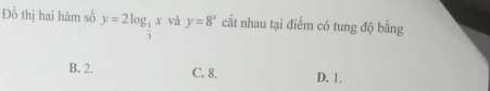 Đồ thị hai hàm số y=2log _ 1/3 x và y=8^x cắt nhau tại điểm có tung độ bằng
B. 2. C. 8. D. 1.