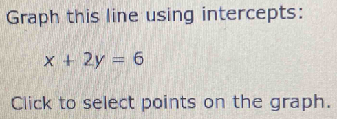 Graph this line using intercepts:
x+2y=6
Click to select points on the graph.