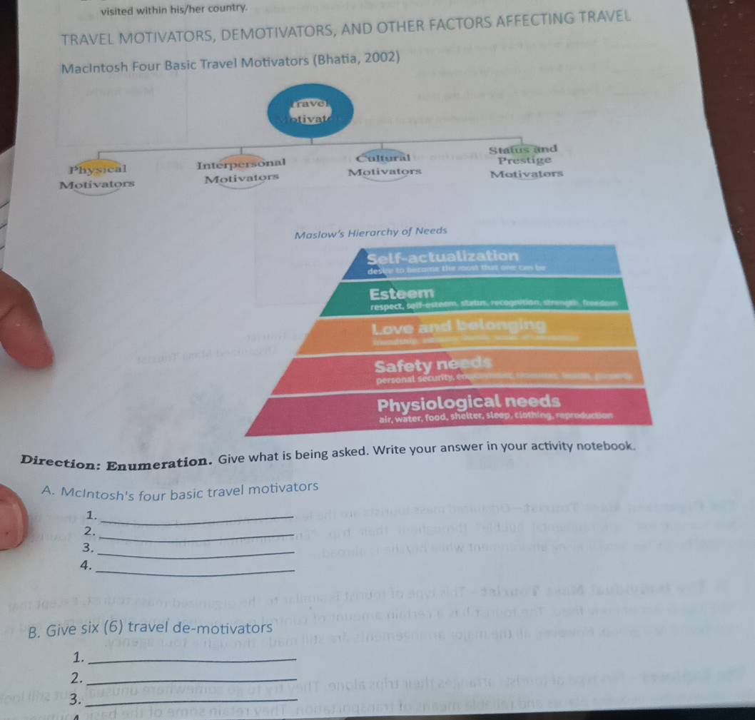 visited within his/her country.
TRAVEL MOTIVATORS, DEMOTIVATORS, AND OTHER FACTORS AFFECTING TRAVEL
MacIntosh Four Basic Travel Motivators (Bhatia, 2002)
Maslow’s Hierarchy of Needs
Self-actualization
re to became the most thut one cas be 
Esteem
respect, self-esteem, statn, recognition, strnges from den
Love and belonging
Safety needs
personal security, e meo Sesan, poeró
Physiological needs
air, water, food, shelter, sleep, clothing, reproduction
Direction: Enumeration. Give what is being asked. Write your answer in your activity notebook
A. McIntosh's four basic travel motivators
1._
2._
3._
4._
B. Give six (6) travel de-motivators
1._
2._
3._