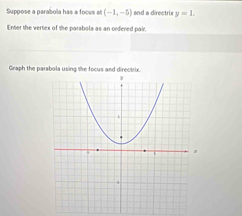 Suppose a parabola has a focus at (-1,-5) and a directrix y=1. 
Enter the vertex of the parabola as an ordered pair. 
Graph the parabola using the focus and directrix.