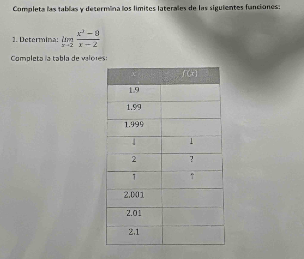 Completa las tablas y determina los limites laterales de las siguientes funciones:
1. Determina: limlimits _xto 2 (x^3-8)/x-2 
Completa la tabla de valores: