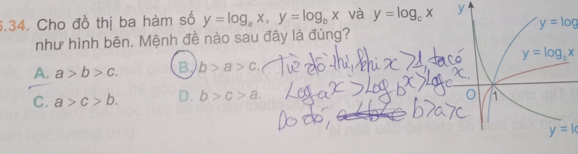 Cho đồ thị ba hàm số y=log _ax,y=log _bx và y=log _cx y
y=log
như hình bên. Mệnh đề nào sau đây là đúng?
A. a>b>c.
B b>a>c.
C. a>c>b.
D. b>c>a.