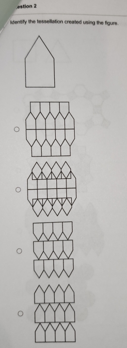 estion 2 
Identify the tessellation created using the figure.