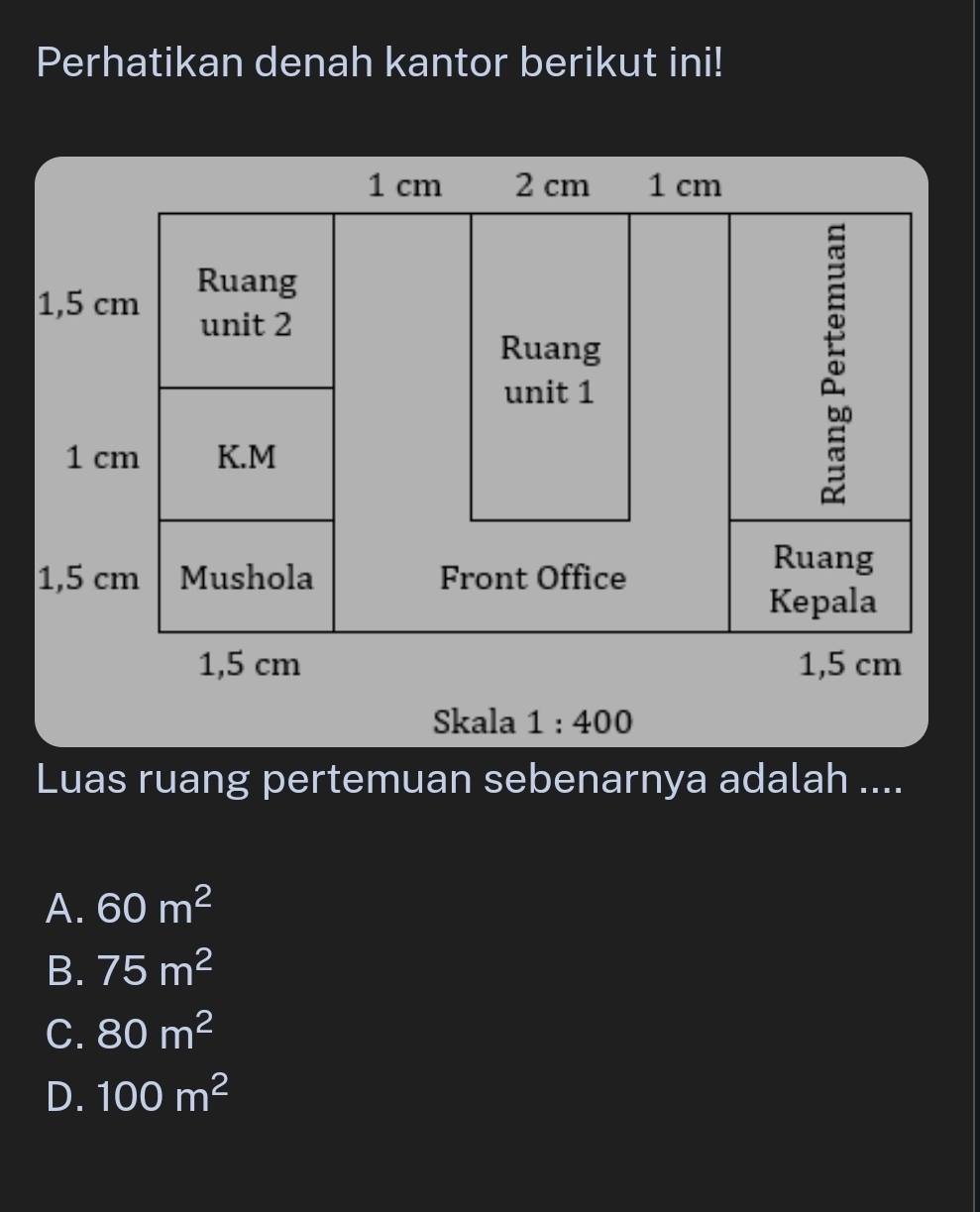 Perhatikan denah kantor berikut ini!
Skala 1:400
Luas ruang pertemuan sebenarnya adalah ....
A. 60m^2
B. 75m^2
C. 80m^2
D. 100m^2