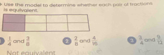 Use the model to determine whether each pair of fractions
is equivalent.
 1/4  and  3/8  2  2/8  and  4/16  3  3/4  and  9/12 
Not equivalent