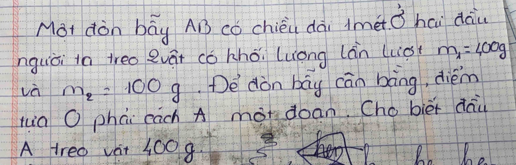 Mot dòn bāy AB có chièi dài imet ǒ hái dau 
nguái ta treo evát có khó. luong làn list m_1=400g
và m_2=100g De don bāg cān bāng, diém 
tuà O phái each A mot doan. Cho biet dau 
A treo vat 1009. Bb be 
11