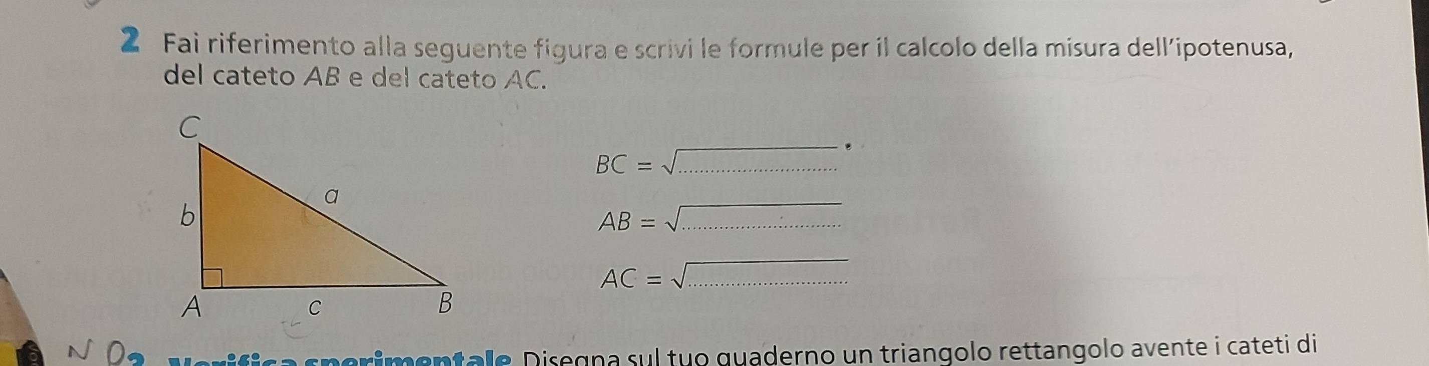 Fai riferimento alla seguente figura e scrivi le formule per il calcolo della misura dell’ipotenusa, 
del cateto AB e del cateto AC. 
_ BC=
_
AB= _
AC= □ _ 
sperimentale Disegna sul tuo quaderno un triangolo rettangolo avente i cateti di