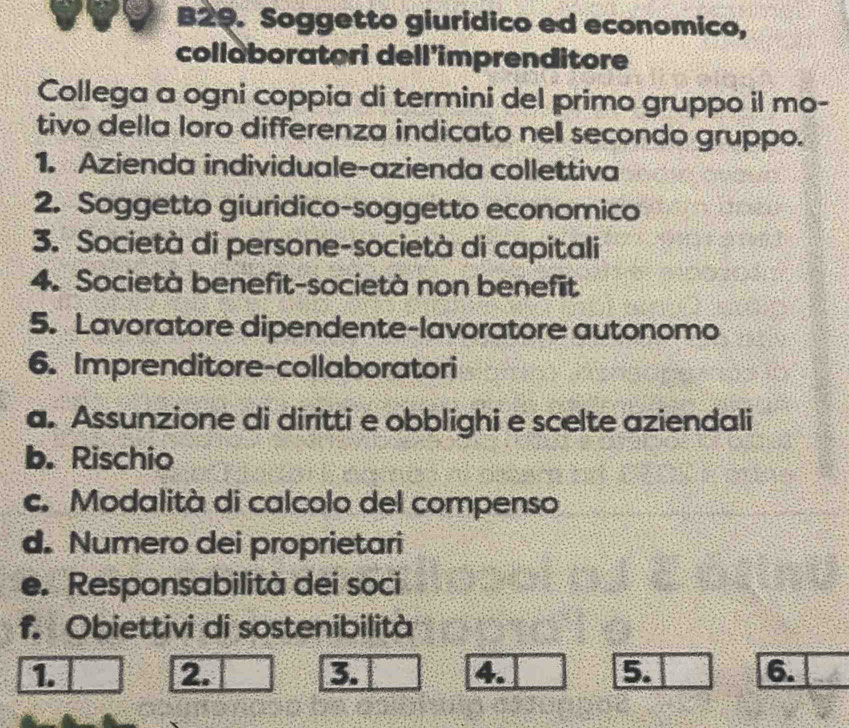 B29. Soggetto giuridico ed economico, 
collaboratori dell'imprenditore 
Collega a ogni coppia di termini del primo gruppo il mo- 
tivo della loro differenza indicato nell secondo gruppo. 
1. Azienda individuale-azienda collettiva 
2. Soggetto giuridico-soggetto economico 
3. Società di persone-società di capitali 
4. Società benefit-società non benefit 
5. Lavoratore dipendente-lavoratore autonomo 
6. Imprenditore-collaboratori 
a. Assunzione di diritti e obblighi e scelte aziendali 
b. Rischio 
c. Modalità di calcolo del compenso 
d. Numero dei proprietari 
e. Responsabilità dei soci 
f.Obiettivi di sostenibilità 
1. 
2 
4. 
5 
6.