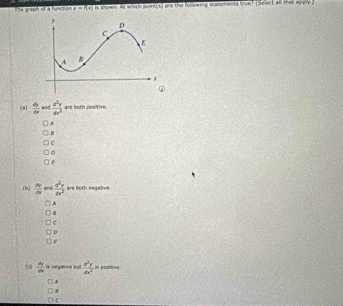 The graph of a function y=f(x) is shown. At which point(s) are the following statements true? (Select all that apply.)
(a)  dy/dx  and  d^2y/dx^2  are both positive.
A
B
C
D
E
(b)  dy/dx  and  d^2y/dx^2  are both negative.
A
B
C
D
E
(ς)  dy/dx  is negative but  d^2y/dx^2  is positive.
A
B
C