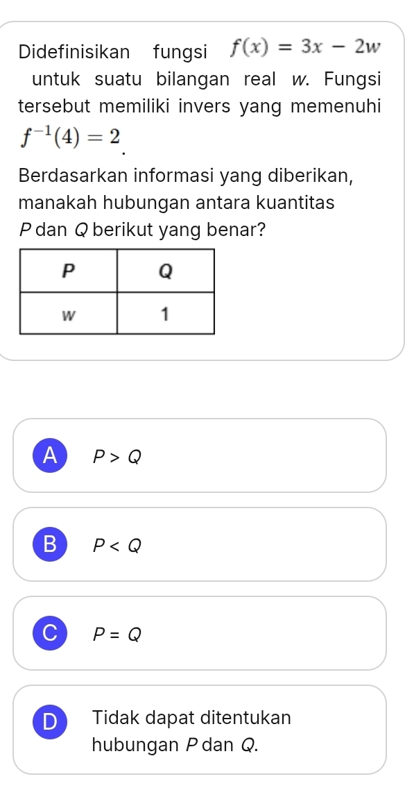 Didefinisikan fungsi f(x)=3x-2w
untuk suatu bilangan real w. Fungsi
tersebut memiliki invers yang memenuhi
f^(-1)(4)=2
Berdasarkan informasi yang diberikan,
manakah hubungan antara kuantitas
P dan Q berikut yang benar?
A P>Q
B P
C P=Q
Tidak dapat ditentukan
hubungan P dan Q.