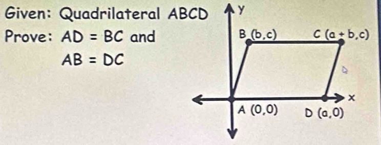 Given: Quadrilateral ABCD
Prove: AD=BC and
AB=DC