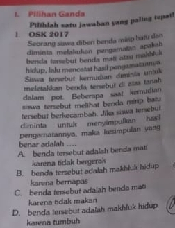 Pilihan Ganda
Pilihlah satu jawaban yang paling tepat!
1. OSK 2017
Seorang siswa diber benda mirip batu dan
diminta melakukian pengamatan apakah
benda tersebut benda matt atau makhluk
hidup, lalu mencatat hasil pengamatannya
Siswa tersebut kemudian diminta untuk
meletakkan benda tersebut di atas tanah 
dalam pot. Beberapa saat kemudian
siswa tersebut melihat benda mirp batu
tersebut berkecambah. Jika siswa tersebut
diminta untuk menyimpulkan hasil
pengamatannya, maka kesimpulan yang
benar adalah ...
A. benda tersebut adalah benda mati
karena tidak bergerak
B. benda tersebut adalah makhluk hidup
karena bernapas
C. benda tersebut adalah benda mati
karena tidak makan
D. benda tersebut adalah makhluk hidup
karena tumbuh