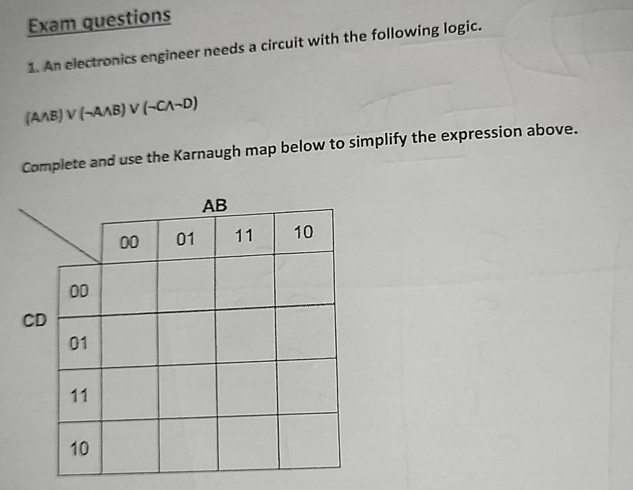 Exam questions 
1. An electronics engineer needs a circuit with the following logic.
(Awedge B)vee (neg Awedge B)vee (neg Cwedge neg D)
Complete and use the Karnaugh map below to simplify the expression above.