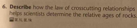 Describe how the law of crosscutting relationships 
helps scientists determine the relative ages of rocks 
IE.1i, IE.1k