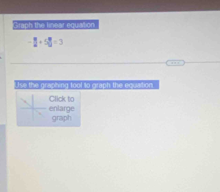 Graph the linear equation
- □ /□  +5□ =3
Use the graphing tool to graph the equation 
Click to 
enlarge 
graph