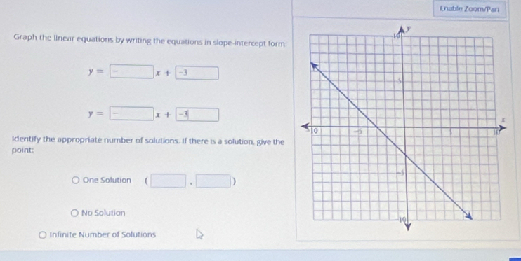 Enable Zoom/Pan
Graph the Ilnear equations by writing the equations in slope-intercept form:
y=□ x+□ -3
y=□ x+□
Identify the appropriate number of solutions. If there is a solution, give the
point:
One Solution (□ ,□ )
No Solution
Infinite Number of Solutions