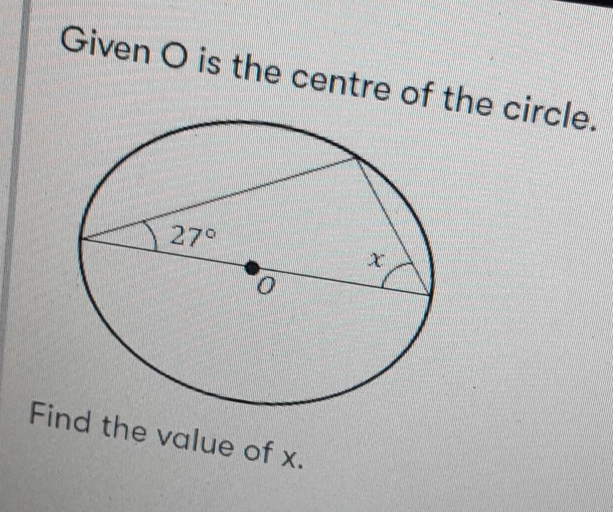 Given O is the centre of the circle.
Find the value of x.