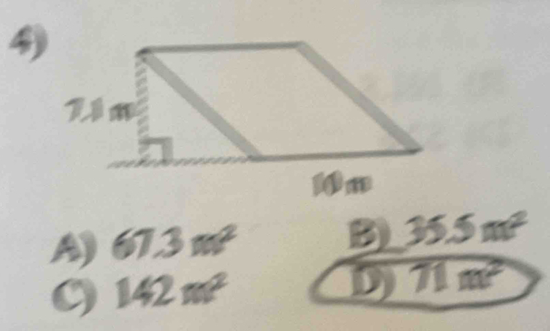 A) 67.3m^2
B 35.5m^2
142m^2
D 71m^2